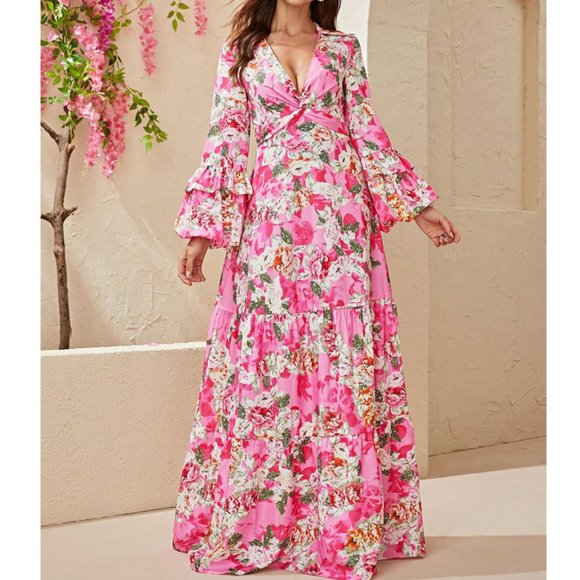 Floral V-Neck Flounce Sleeve Ruffle Hem Maxi Dress - Pink - Picture 3 of 6